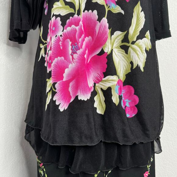 Foral Flower Mesh Flowy Layered Black Tunic Top Half Sleeves Lagenlook - Picture 2 of 7
